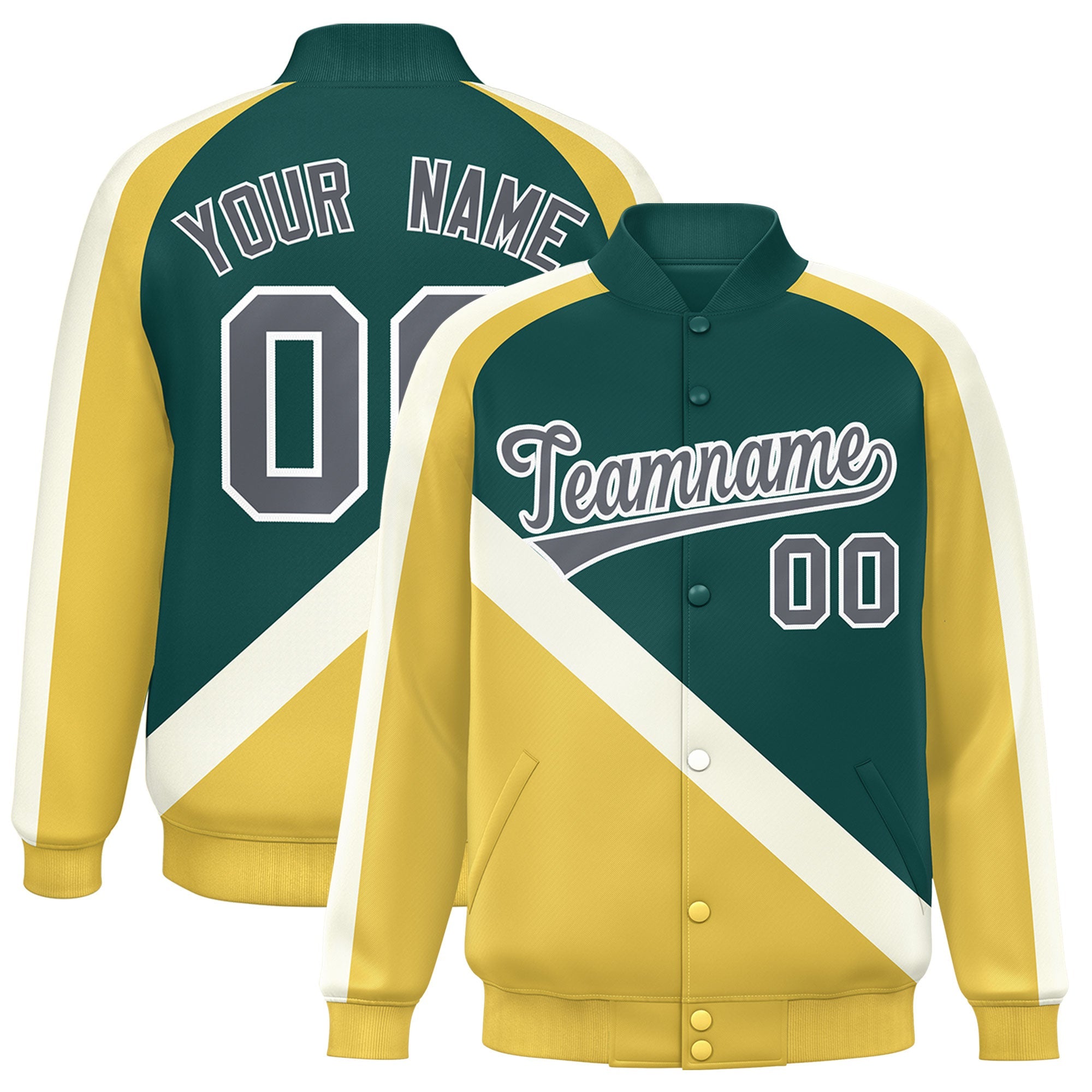 Custom Midnight Green Khaki Raglan Sleeves Varsity Full-Snap Letterman Baseball Jacket