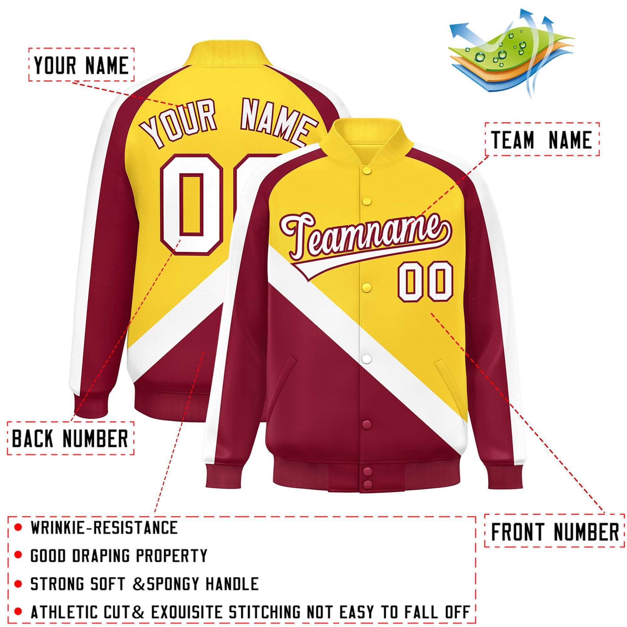 Custom Gold Crimson Raglan Sleeves Varsity Full-Snap Letterman Baseball Jacket