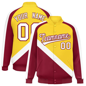 Custom Gold Crimson Raglan Sleeves Varsity Full-Snap Letterman Baseball Jacket