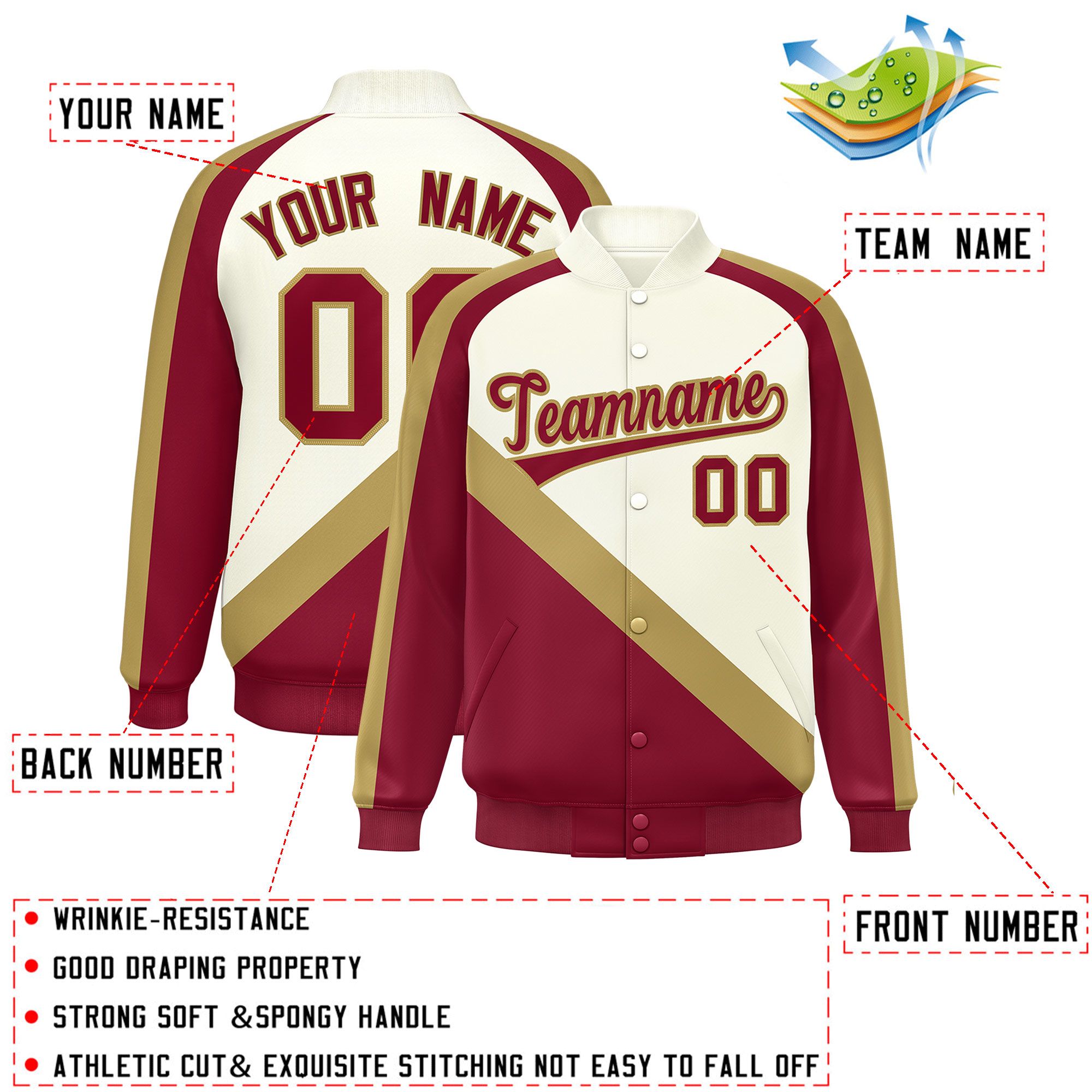 Custom Cream Crimson Raglan Sleeves Varsity Full-Snap Letterman Baseball Jacket