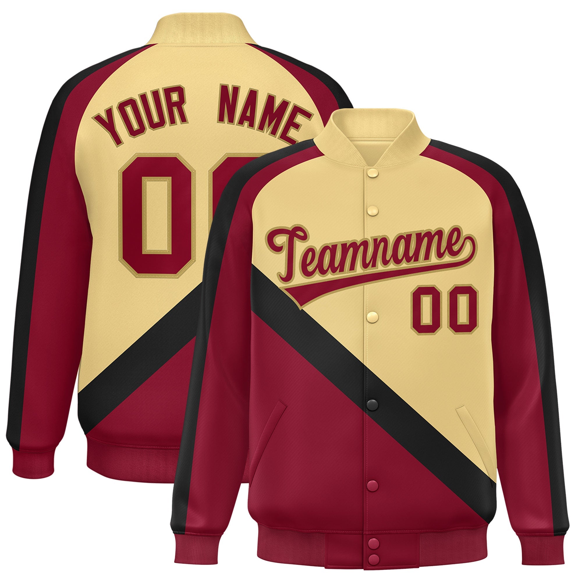 Custom Khaki Crimson Raglan Sleeves Varsity Full-Snap Letterman Baseball Jacket