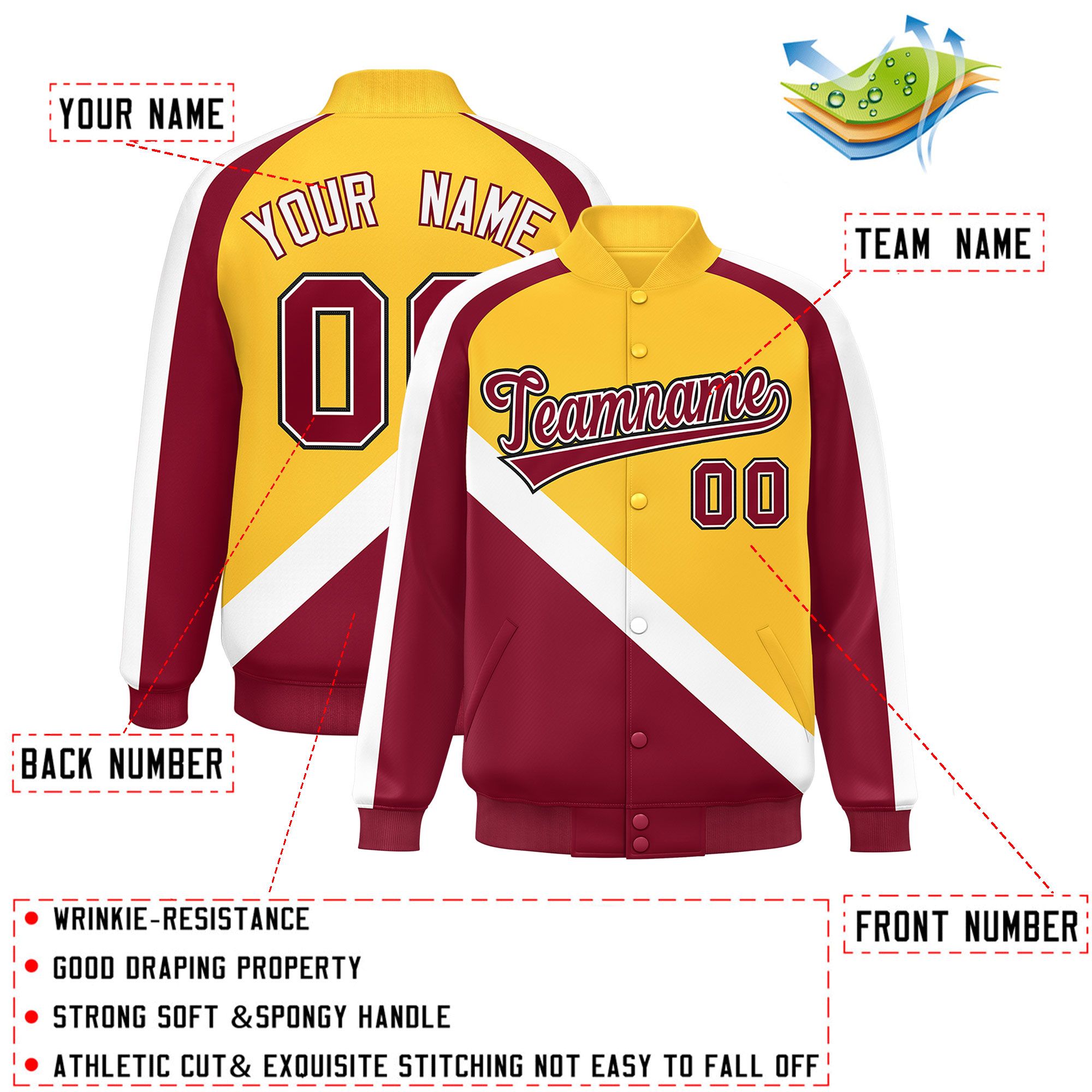 Custom Gold Crimson Raglan Sleeves Varsity Full-Snap Letterman Baseball Jacket