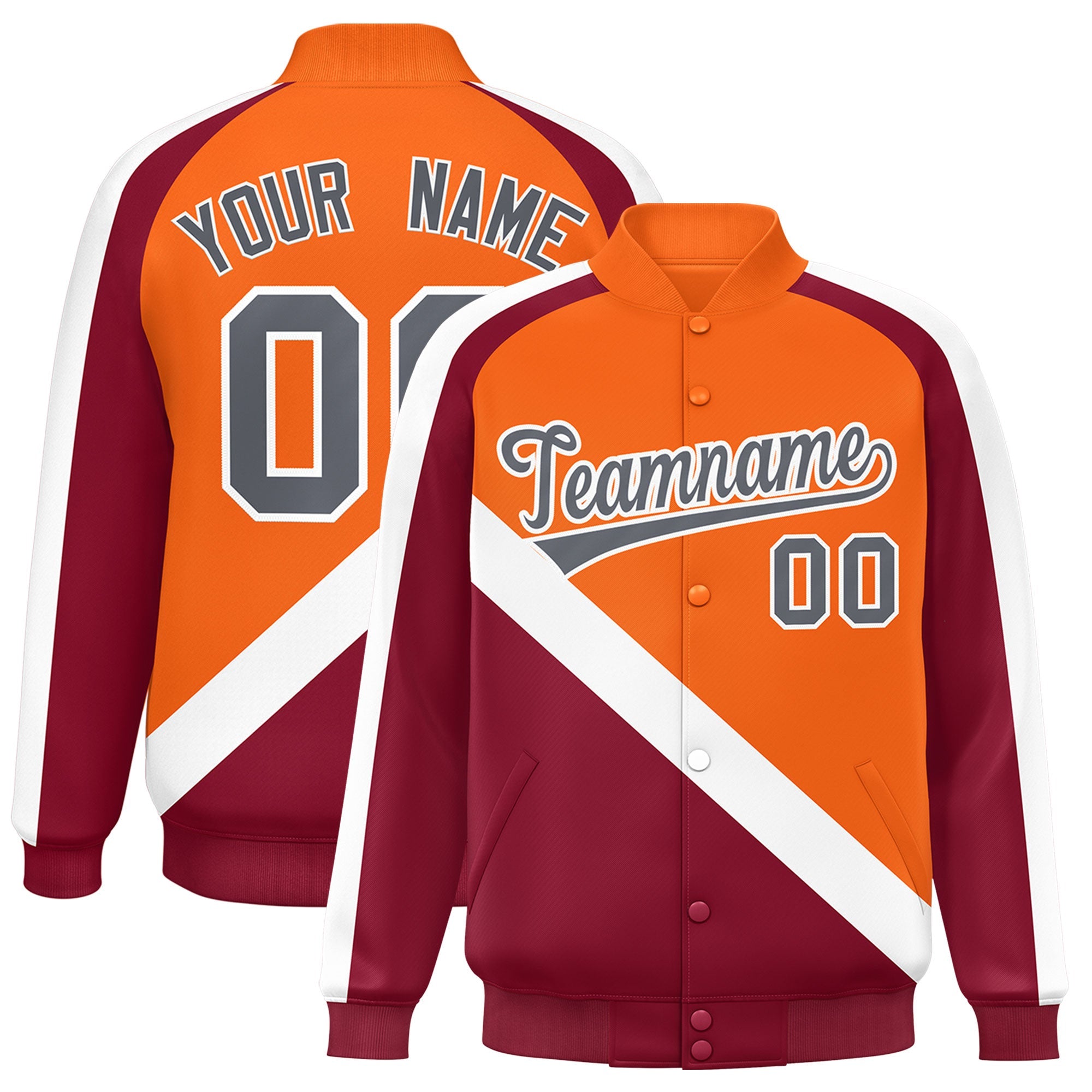 Custom Orange Crimson Raglan Sleeves Varsity Full-Snap Letterman Baseball Jacket