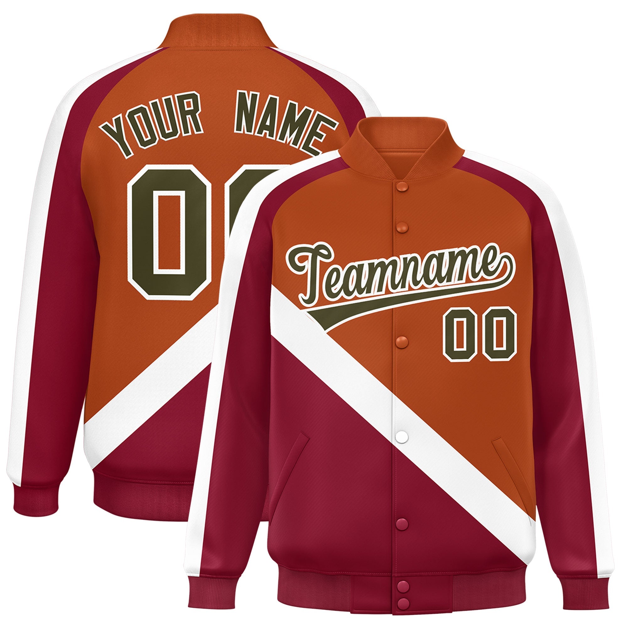 Custom Texas Orange Crimson Raglan Sleeves Varsity Full-Snap Letterman Baseball Jacket