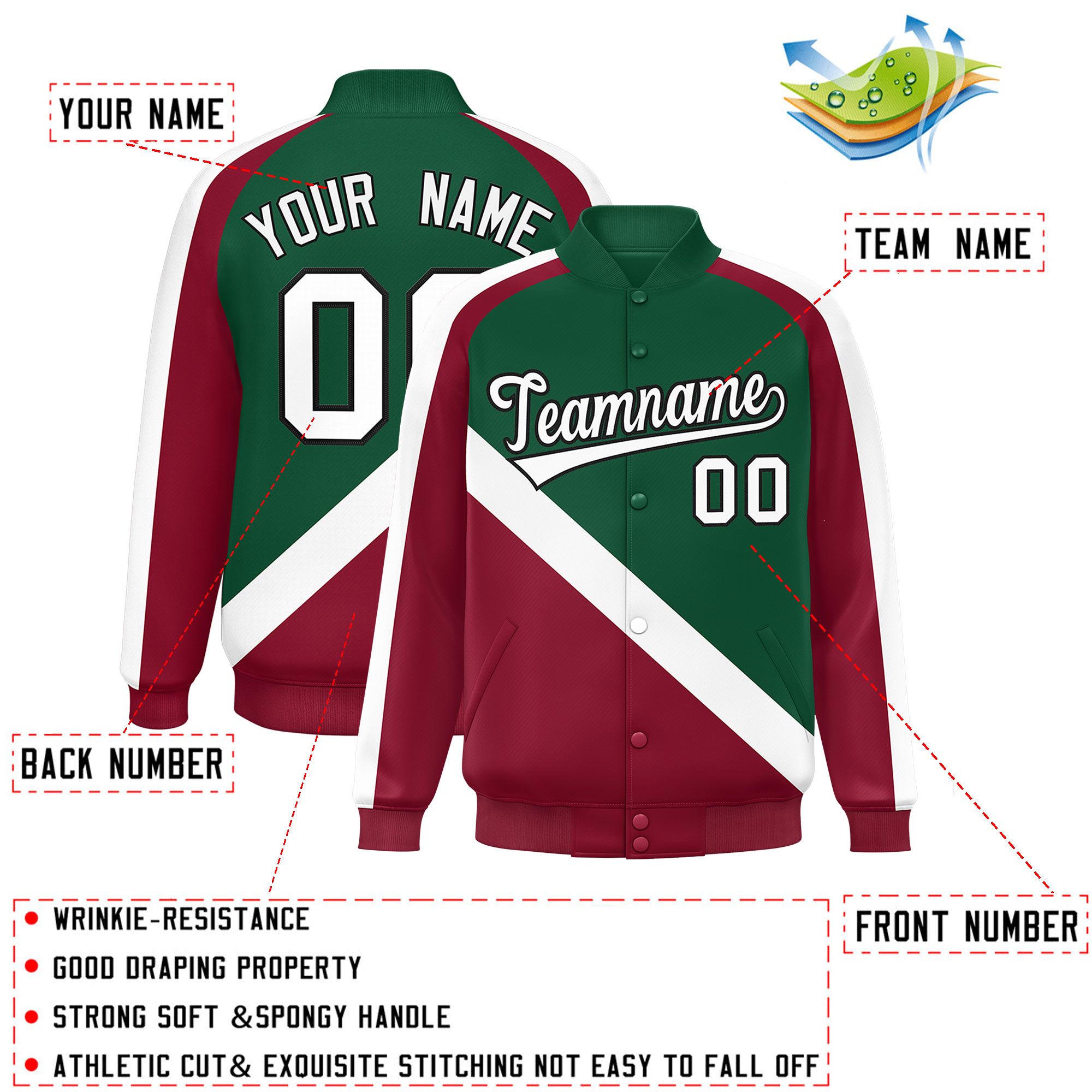 Custom Green Crimson Raglan Sleeves Varsity Full-Snap Letterman Baseball Jacket