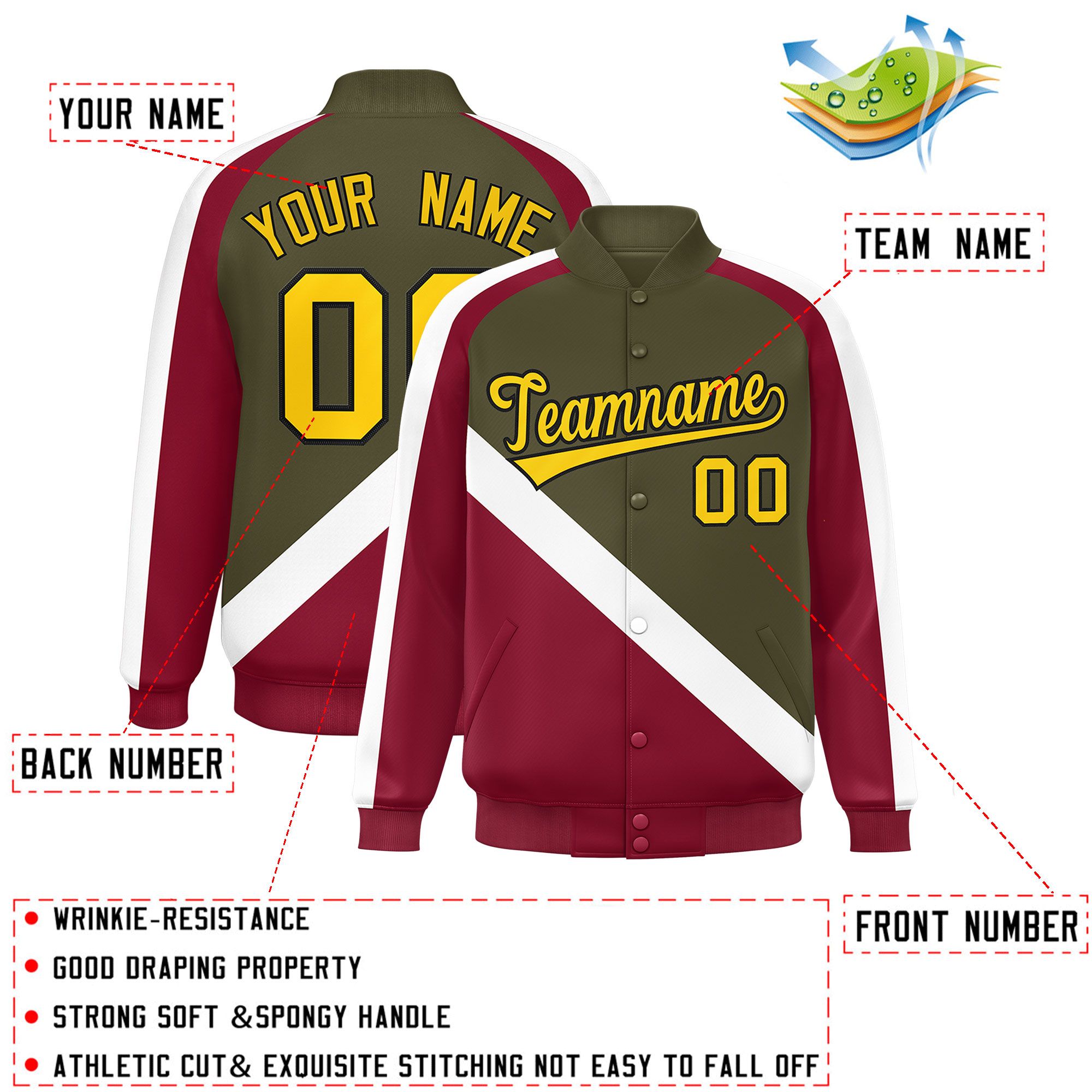 Custom Olive Crimson Raglan Sleeves Varsity Full-Snap Letterman Baseball Jacket