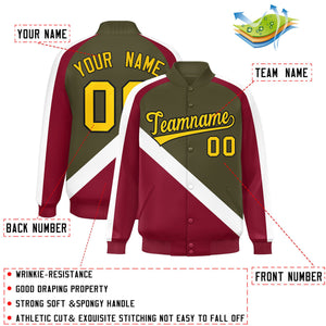 Custom Olive Crimson Raglan Sleeves Varsity Full-Snap Letterman Baseball Jacket