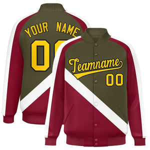 Custom Olive Crimson Raglan Sleeves Varsity Full-Snap Letterman Baseball Jacket