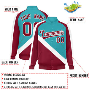 Custom Aqua Crimson Raglan Sleeves Varsity Full-Snap Letterman Baseball Jacket