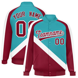 Custom Aqua Crimson Raglan Sleeves Varsity Full-Snap Letterman Baseball Jacket