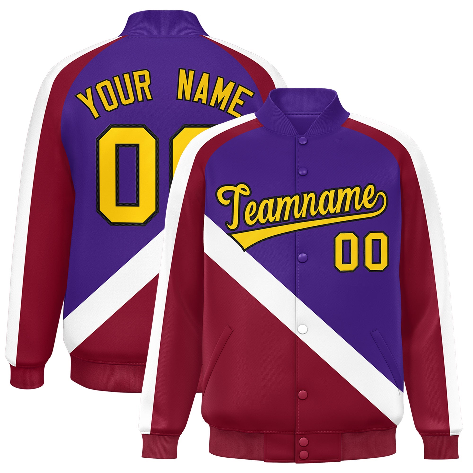 Custom Purple Crimson Raglan Sleeves Varsity Full-Snap Letterman Baseball Jacket