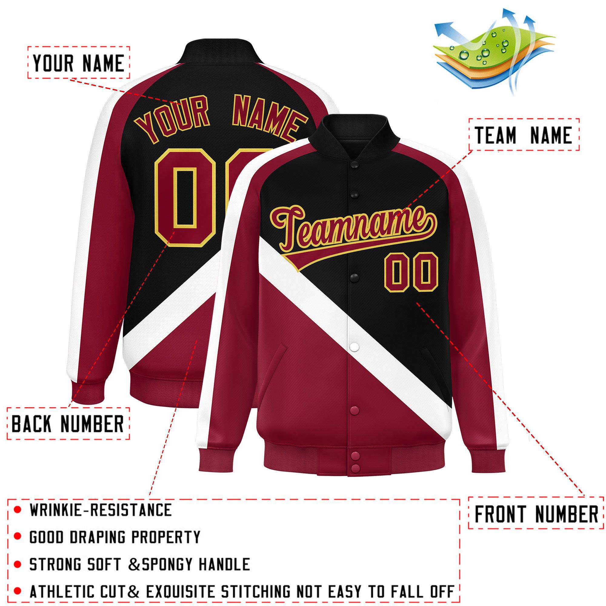 Custom Black Crimson Raglan Sleeves Varsity Full-Snap Letterman Baseball Jacket