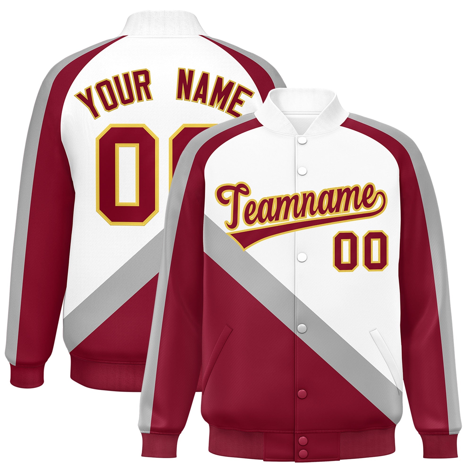 Custom White Crimson Raglan Sleeves Varsity Full-Snap Letterman Baseball Jacket