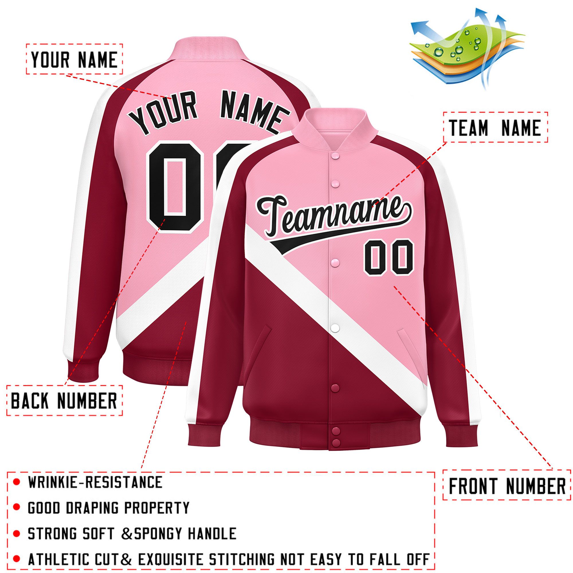 Custom Light Pink Crimson Raglan Sleeves Varsity Full-Snap Letterman Baseball Jacket