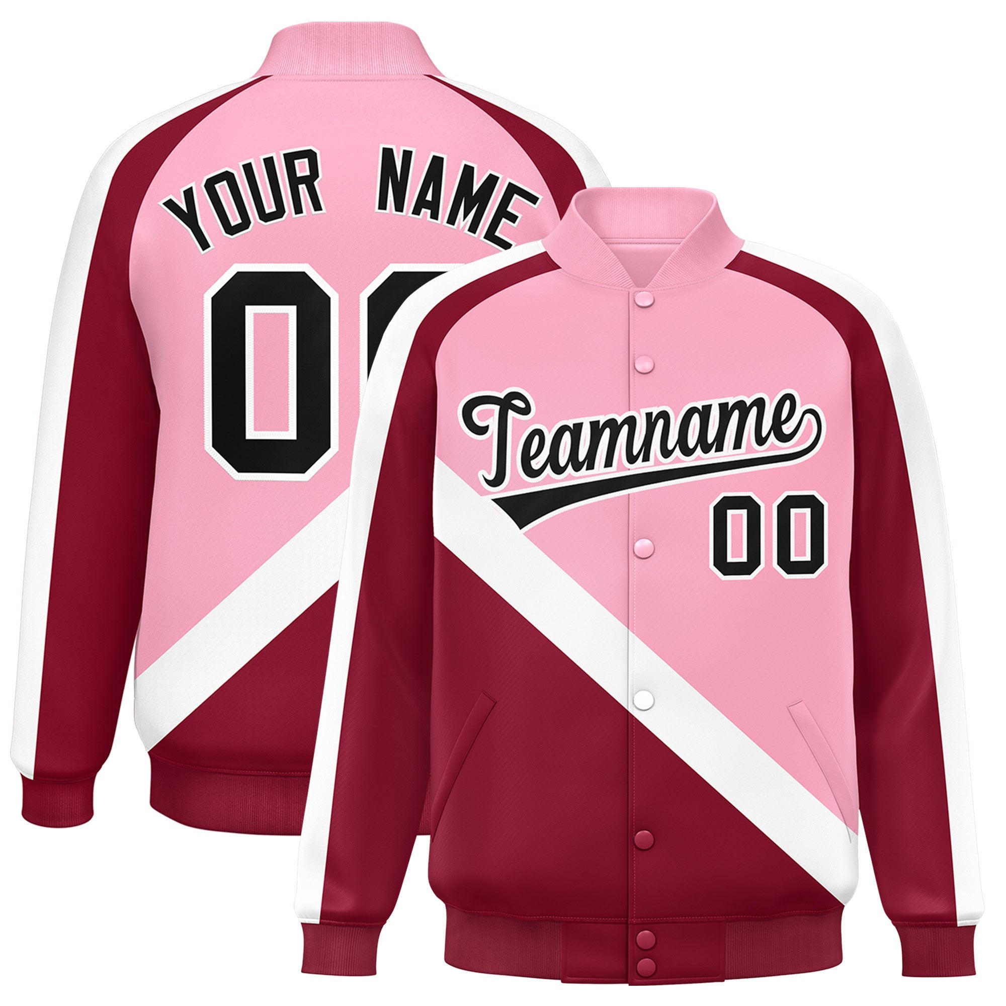 Custom Light Pink Crimson Raglan Sleeves Varsity Full-Snap Letterman Baseball Jacket