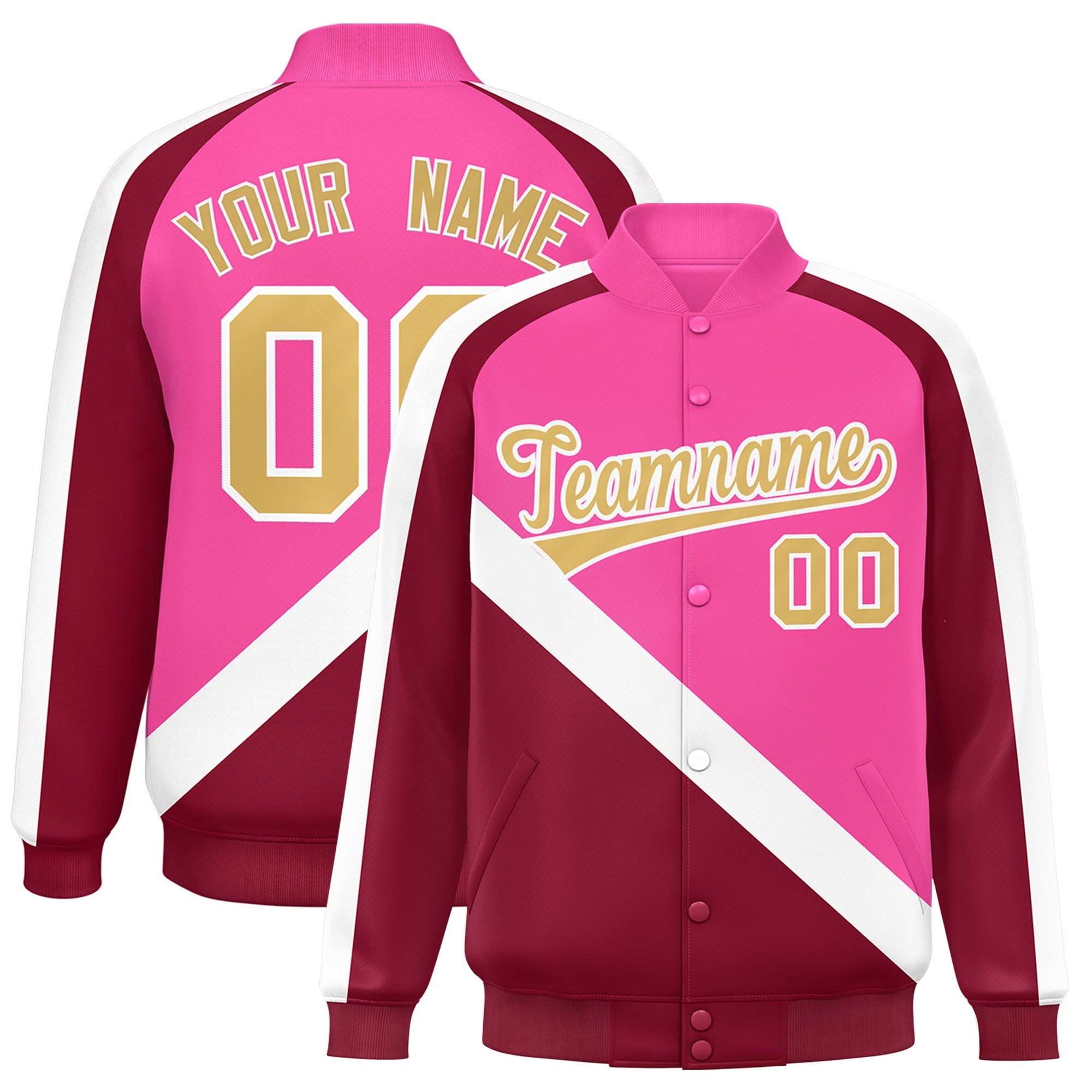 Custom Pink Crimson Raglan Sleeves Varsity Full-Snap Letterman Baseball Jacket