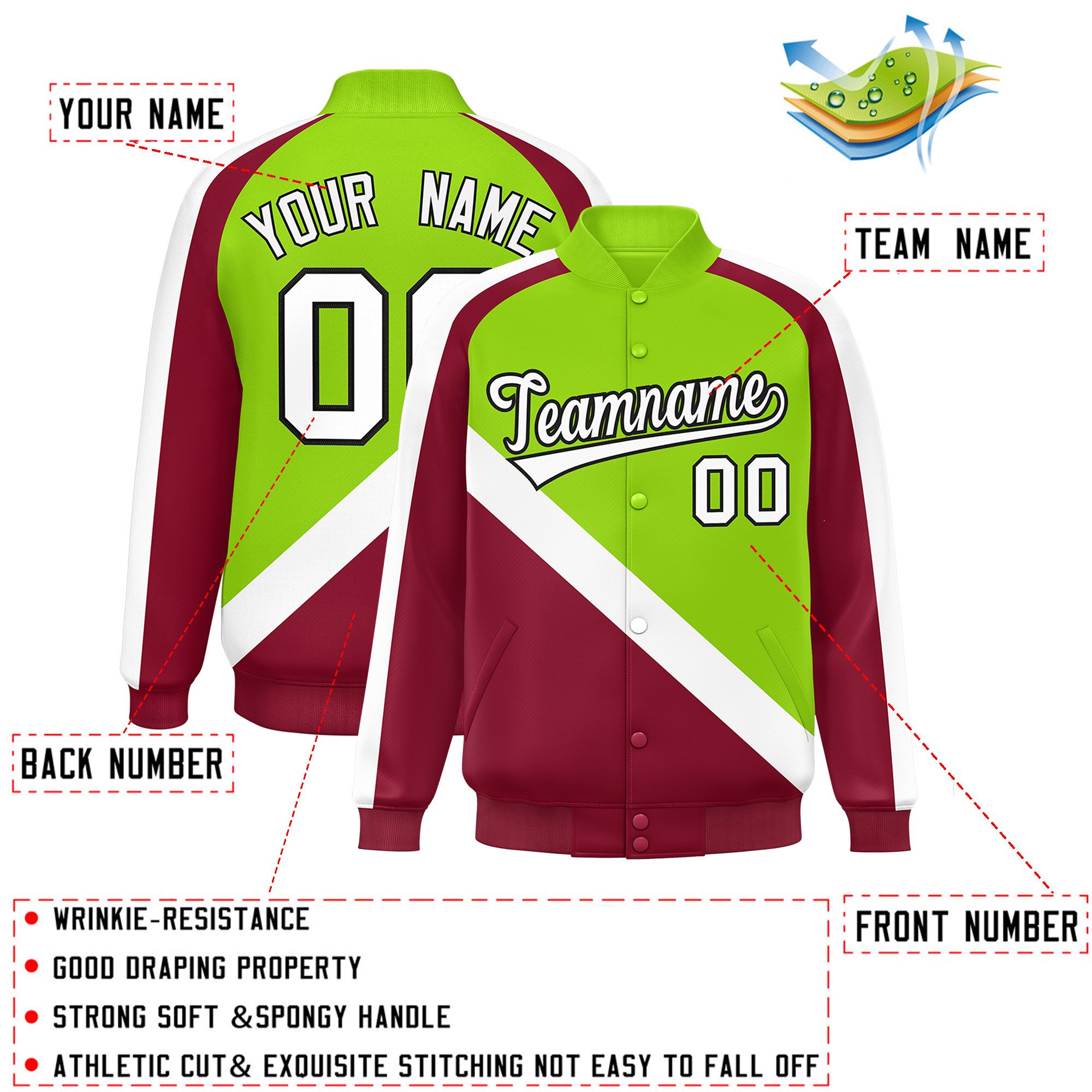 Custom Neon Green Crimson Raglan Sleeves Varsity Full-Snap Letterman Baseball Jacket