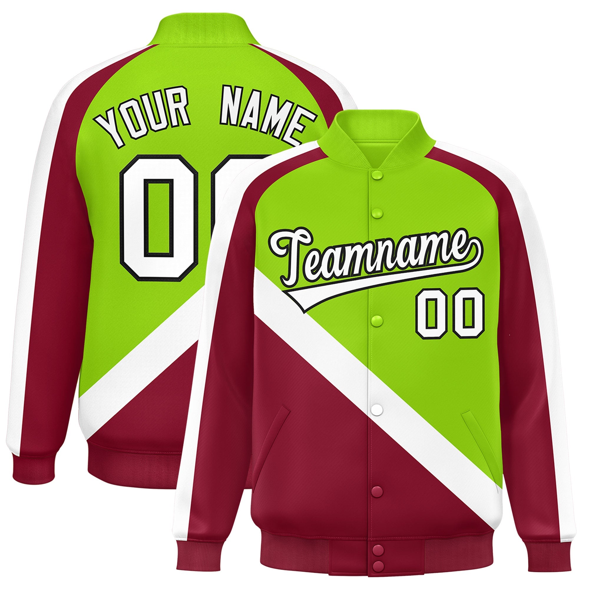 Custom Neon Green Crimson Raglan Sleeves Varsity Full-Snap Letterman Baseball Jacket