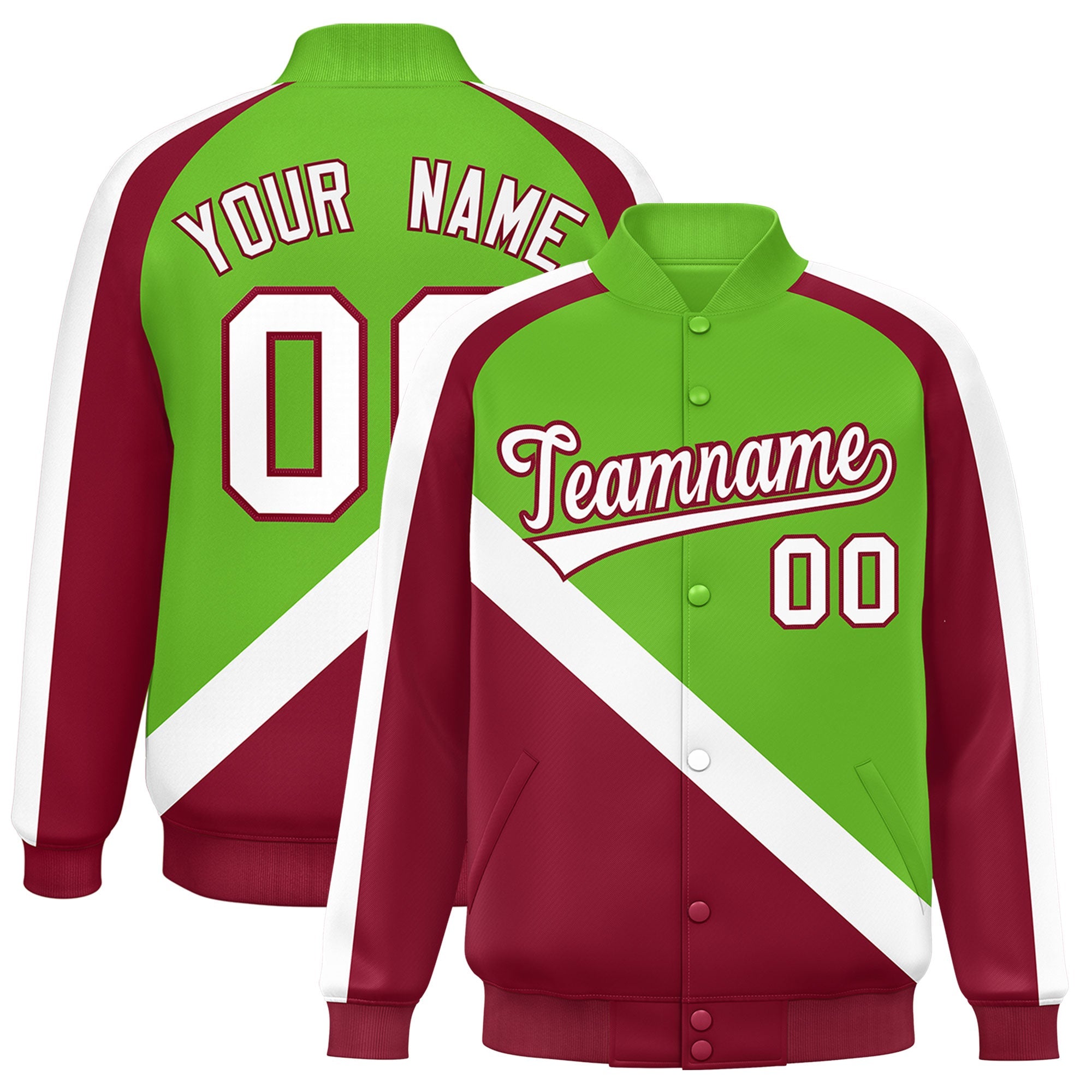 Custom Green Crimson Raglan Sleeves Varsity Full-Snap Letterman Baseball Jacket