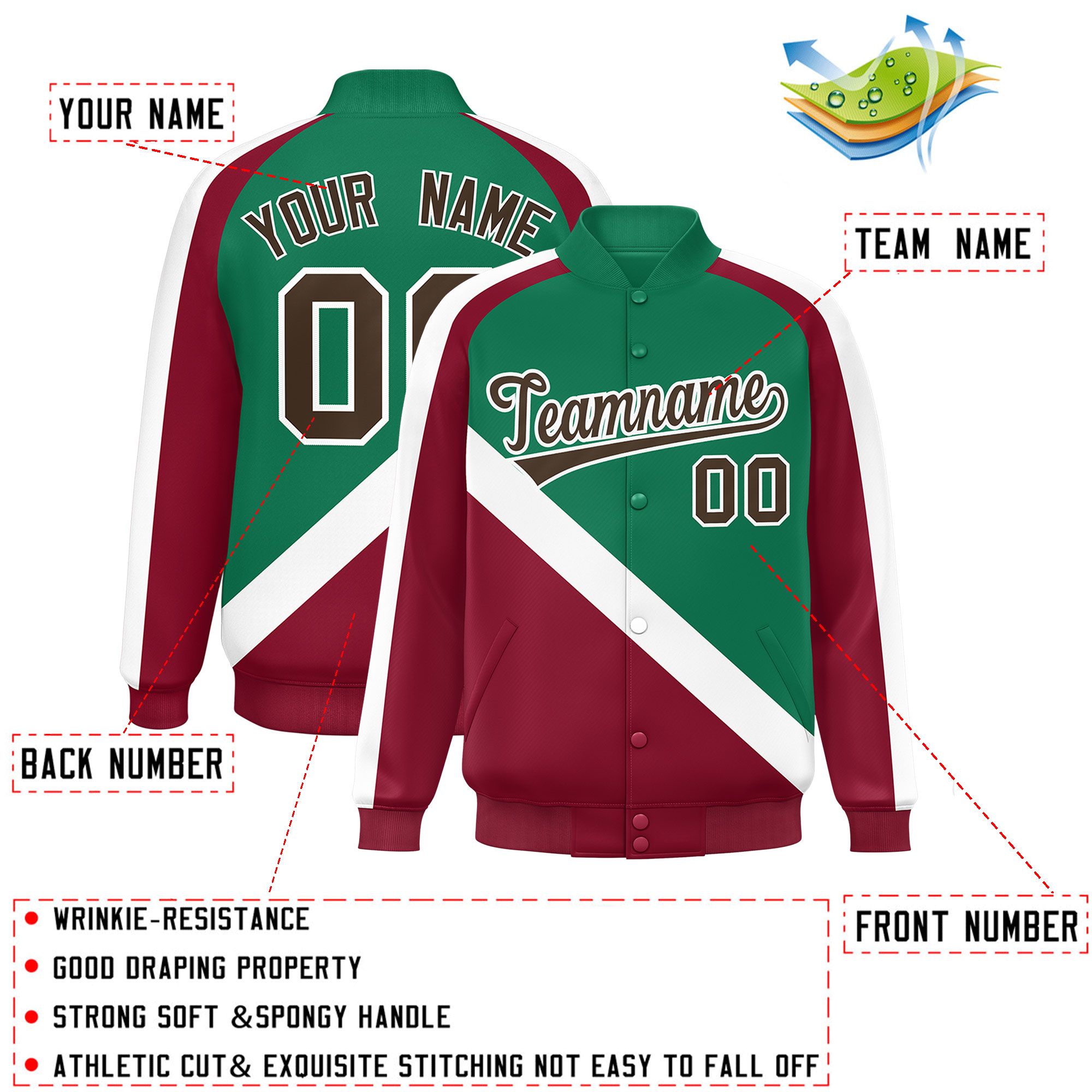 Custom Kelly Green Crimson Raglan Sleeves Varsity Full-Snap Letterman Baseball Jacket