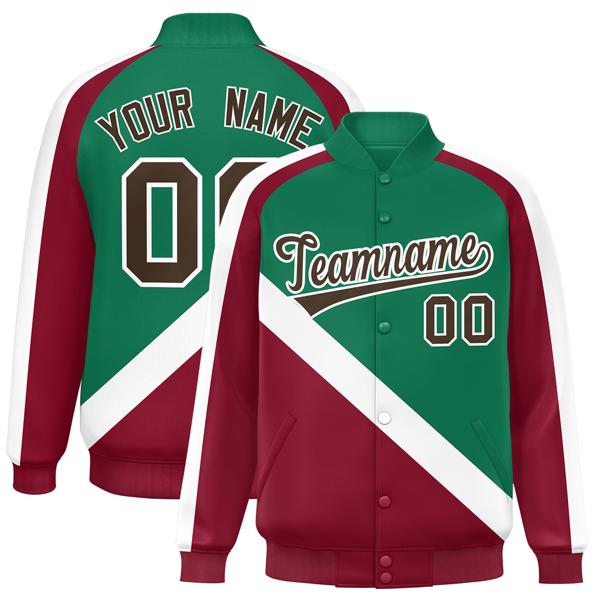 Custom Kelly Green Crimson Raglan Sleeves Varsity Full-Snap Letterman Baseball Jacket