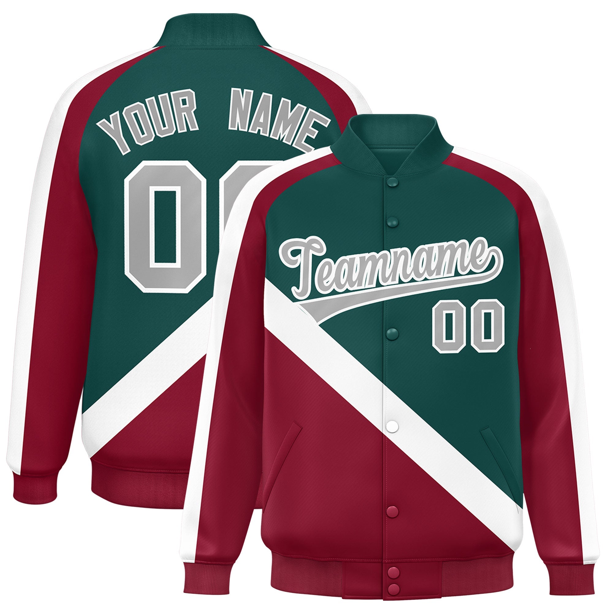 Custom Midnight Green Crimson Raglan Sleeves Varsity Full-Snap Letterman Baseball Jacket