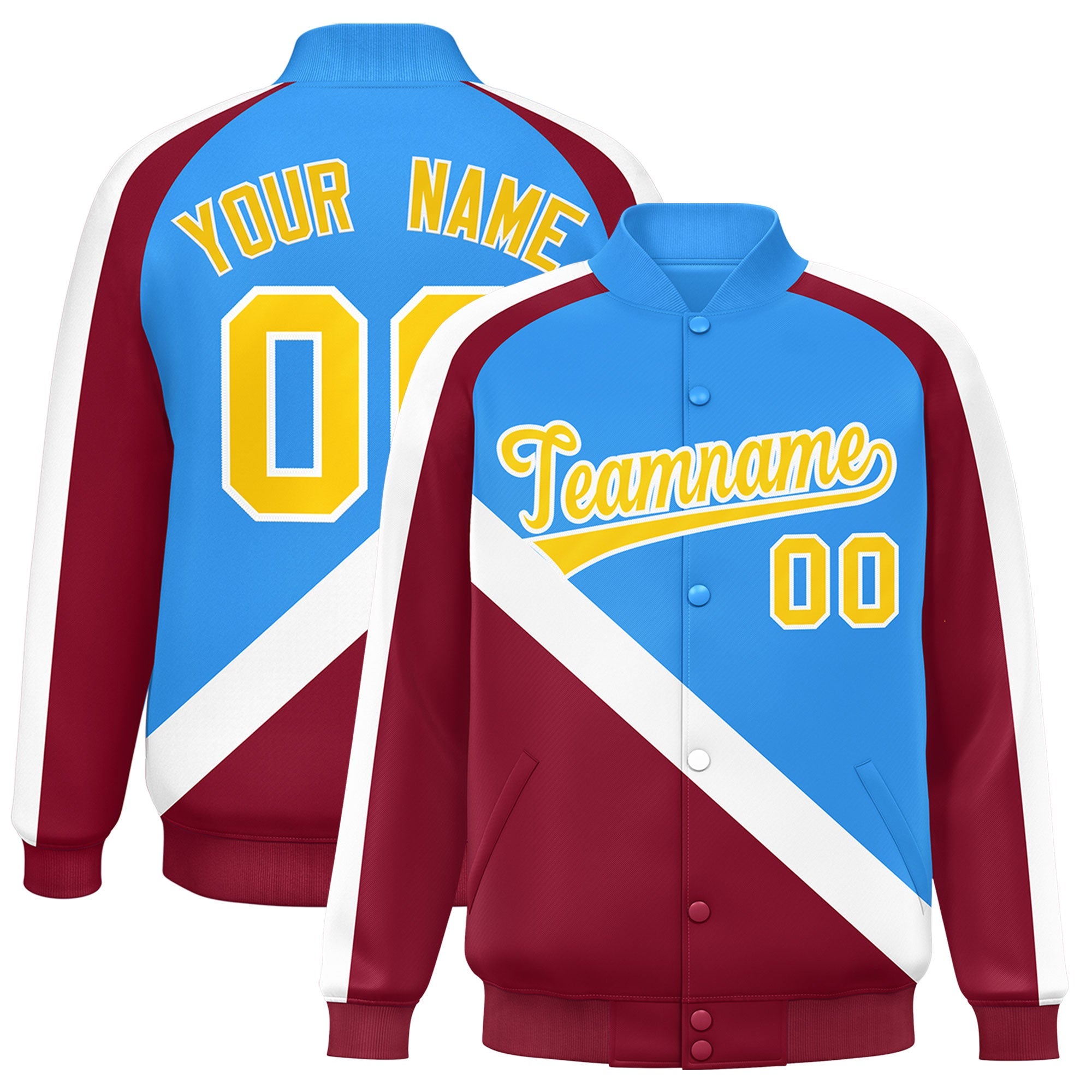 Custom Powder Blue Crimson Raglan Sleeves Varsity Full-Snap Letterman Baseball Jacket