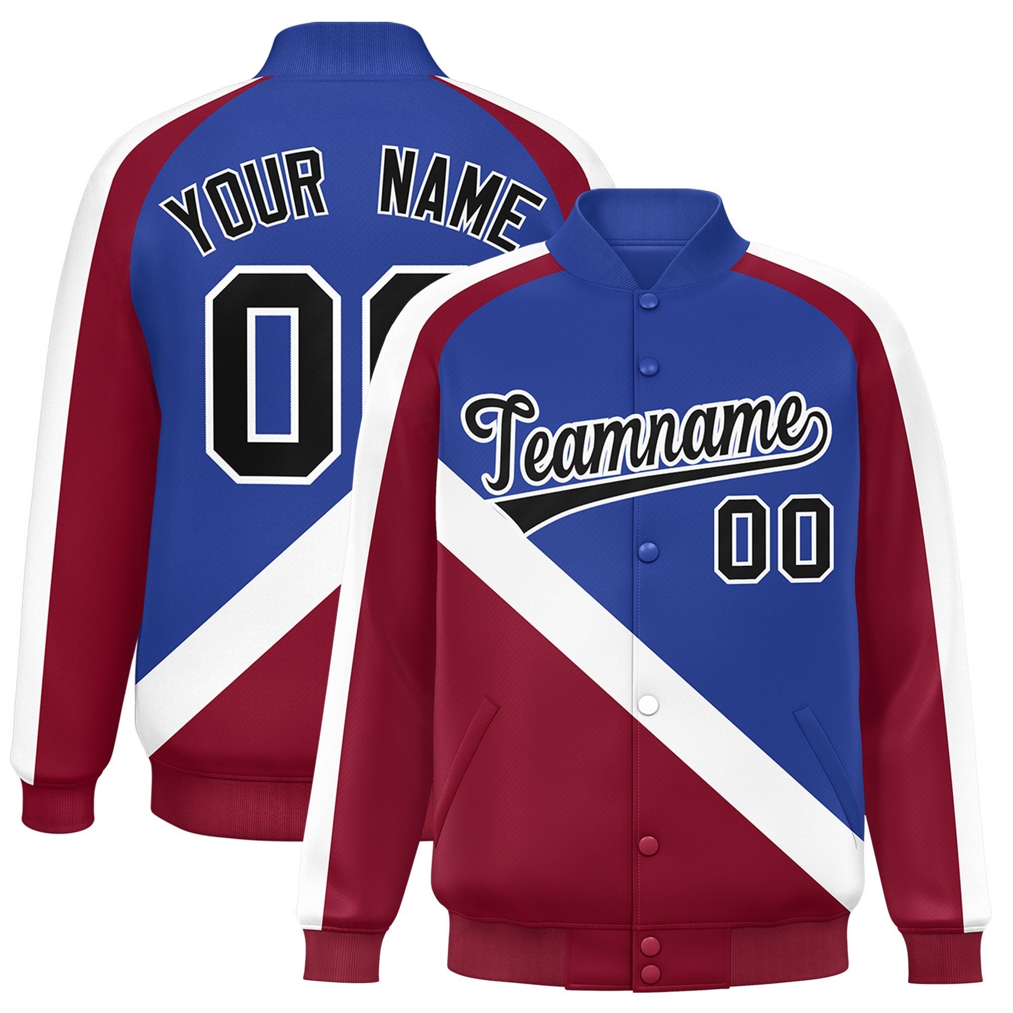 Custom Royal Crimson Raglan Sleeves Varsity Full-Snap Letterman Baseball Jacket