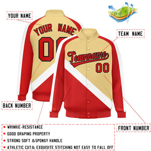 Custom Khaki Red Raglan Sleeves Varsity Full-Snap Letterman Baseball Jacket