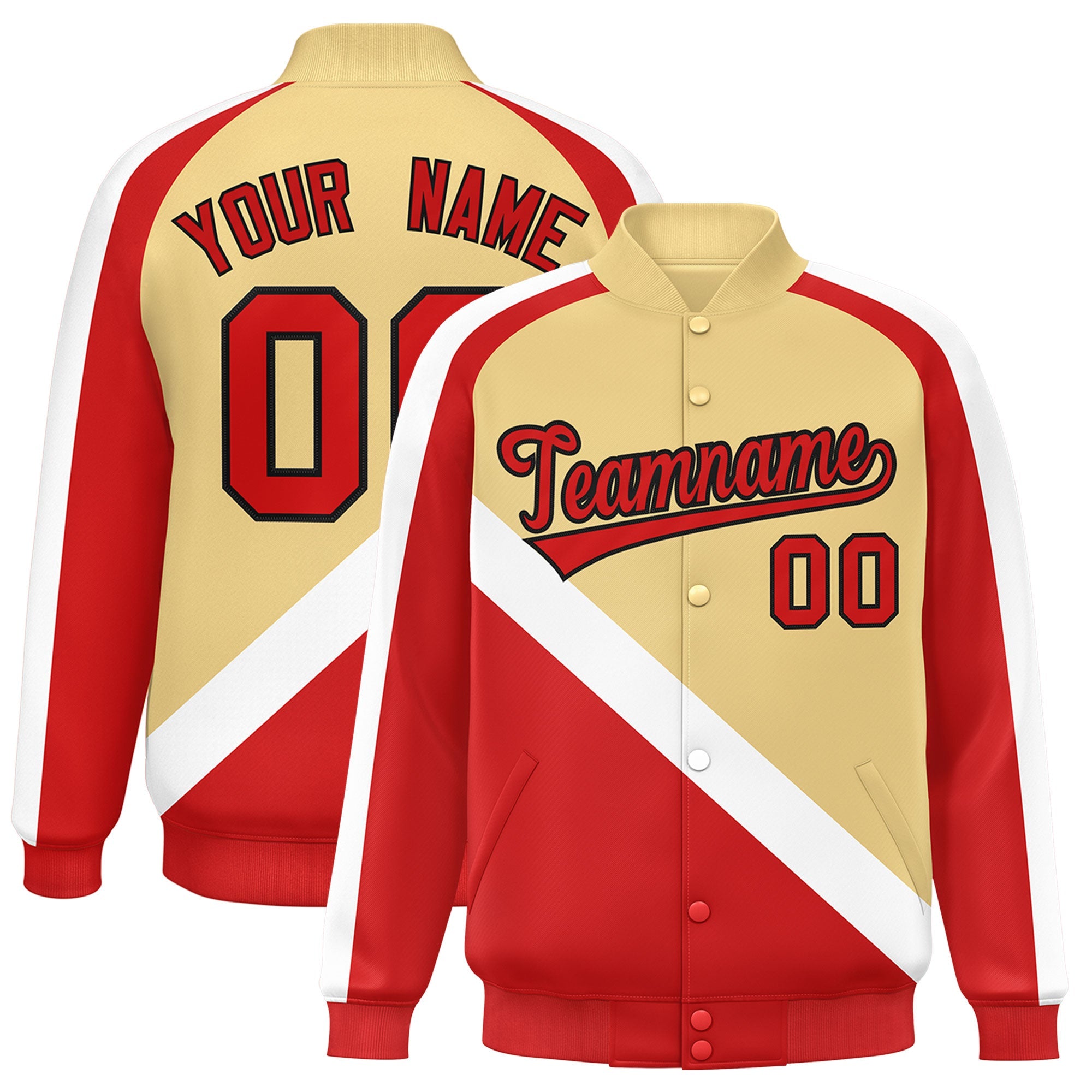 Custom Khaki Red Raglan Sleeves Varsity Full-Snap Letterman Baseball Jacket