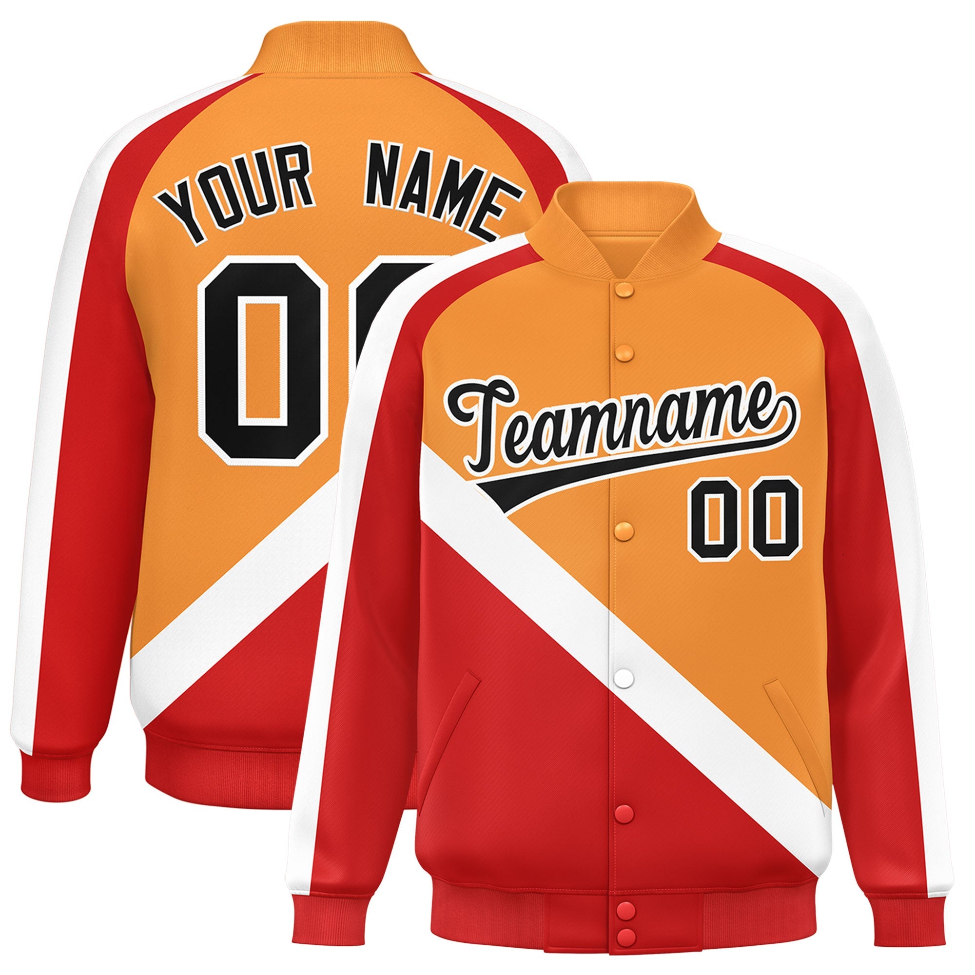 Custom Orange Red Raglan Sleeves Varsity Full-Snap Letterman Baseball Jacket