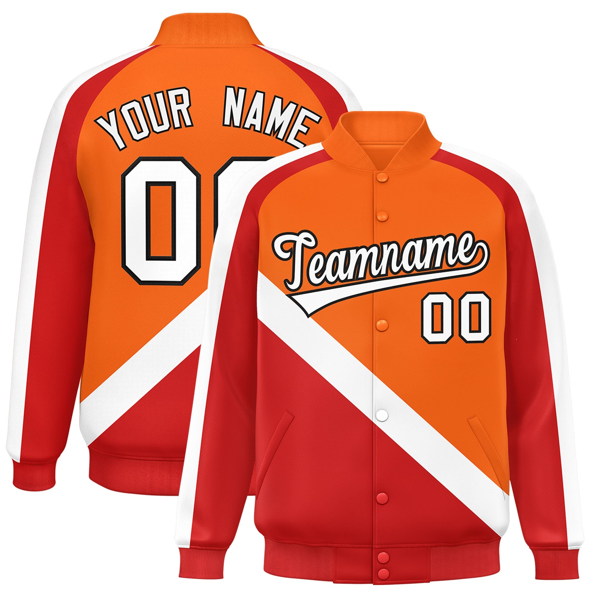 Custom Orange Red Raglan Sleeves Varsity Full-Snap Letterman Baseball Jacket