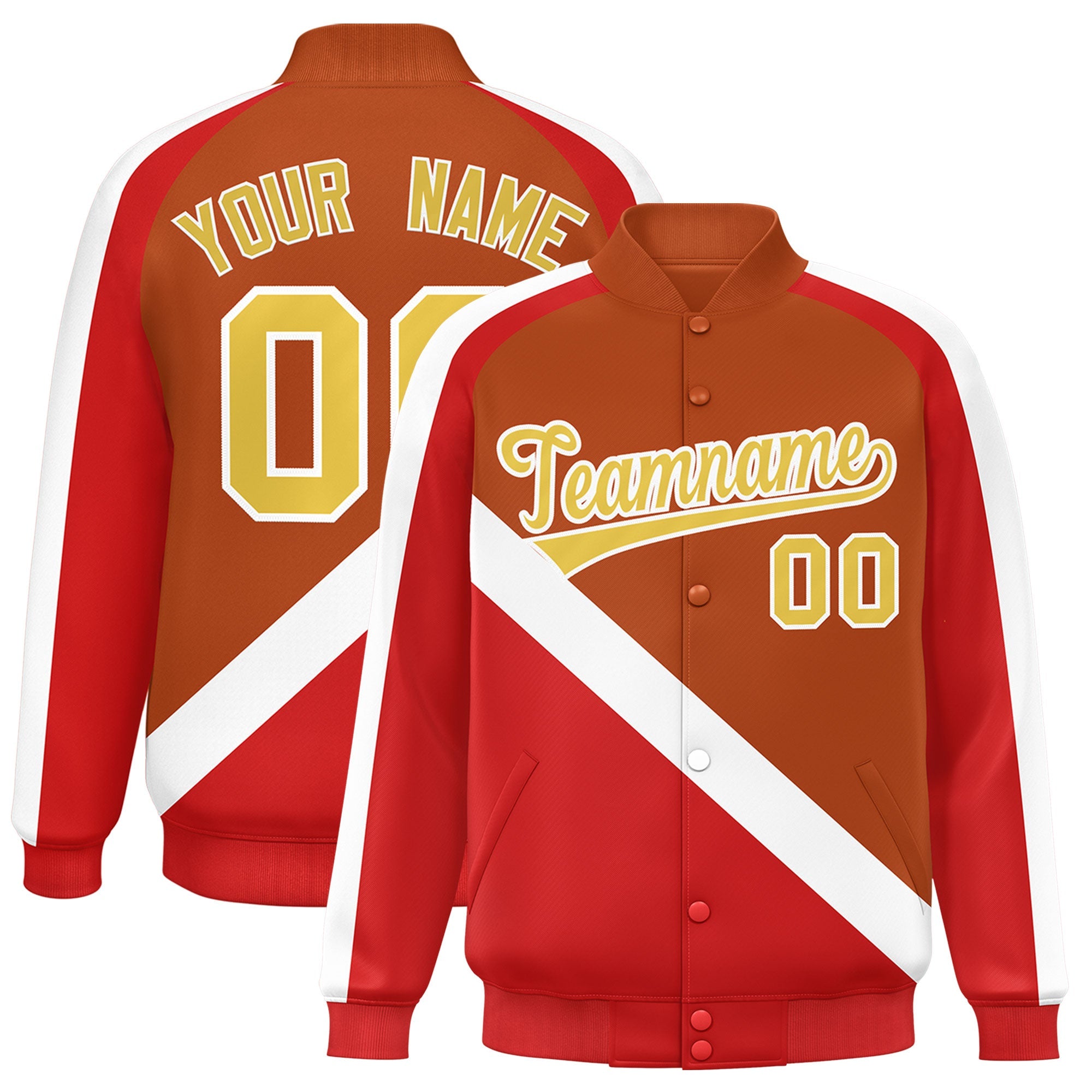 Custom Texas Orange Red Raglan Sleeves Varsity Full-Snap Letterman Baseball Jacket