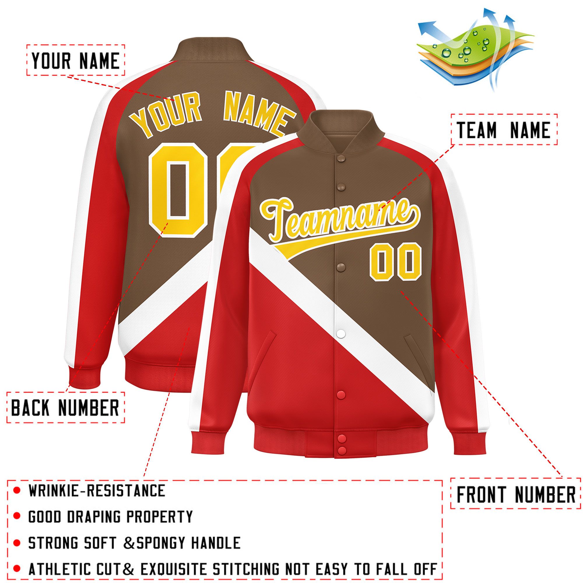 Custom Light Brown Red Raglan Sleeves Varsity Full-Snap Letterman Baseball Jacket