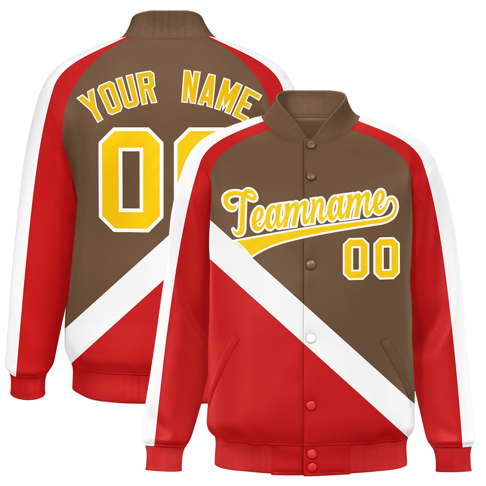 Custom Light Brown Red Raglan Sleeves Varsity Full-Snap Letterman Baseball Jacket