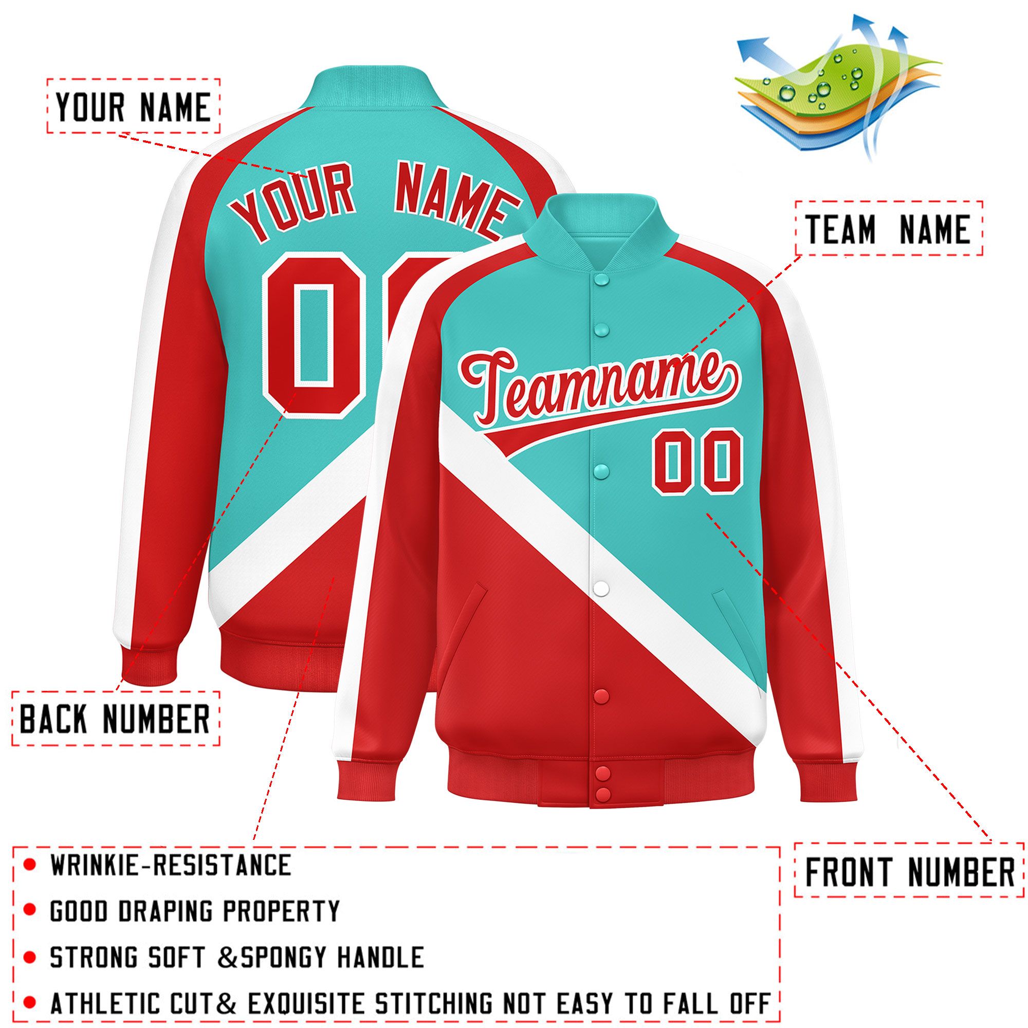 Custom Bright Green Red Raglan Sleeves Varsity Full-Snap Letterman Baseball Jacket