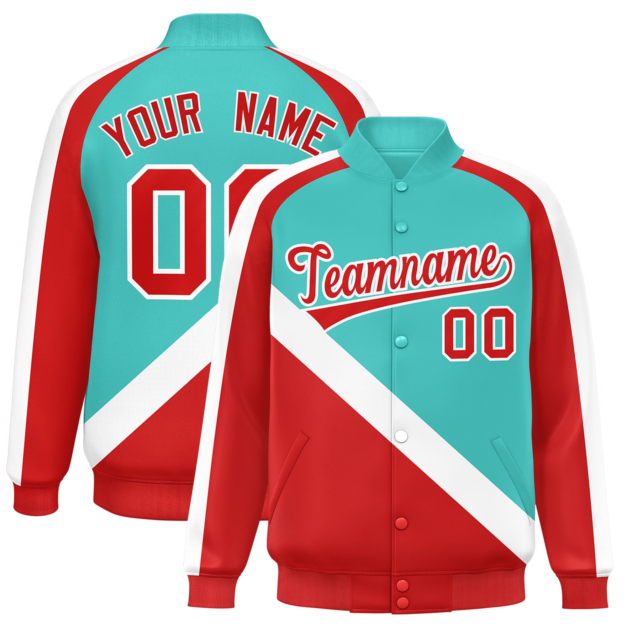 Custom Bright Green Red Raglan Sleeves Varsity Full-Snap Letterman Baseball Jacket