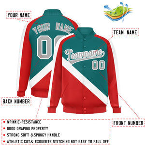 Custom Aqua Red Raglan Sleeves Varsity Full-Snap Letterman Baseball Jacket