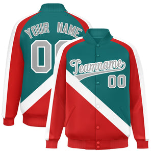 Custom Aqua Red Raglan Sleeves Varsity Full-Snap Letterman Baseball Jacket