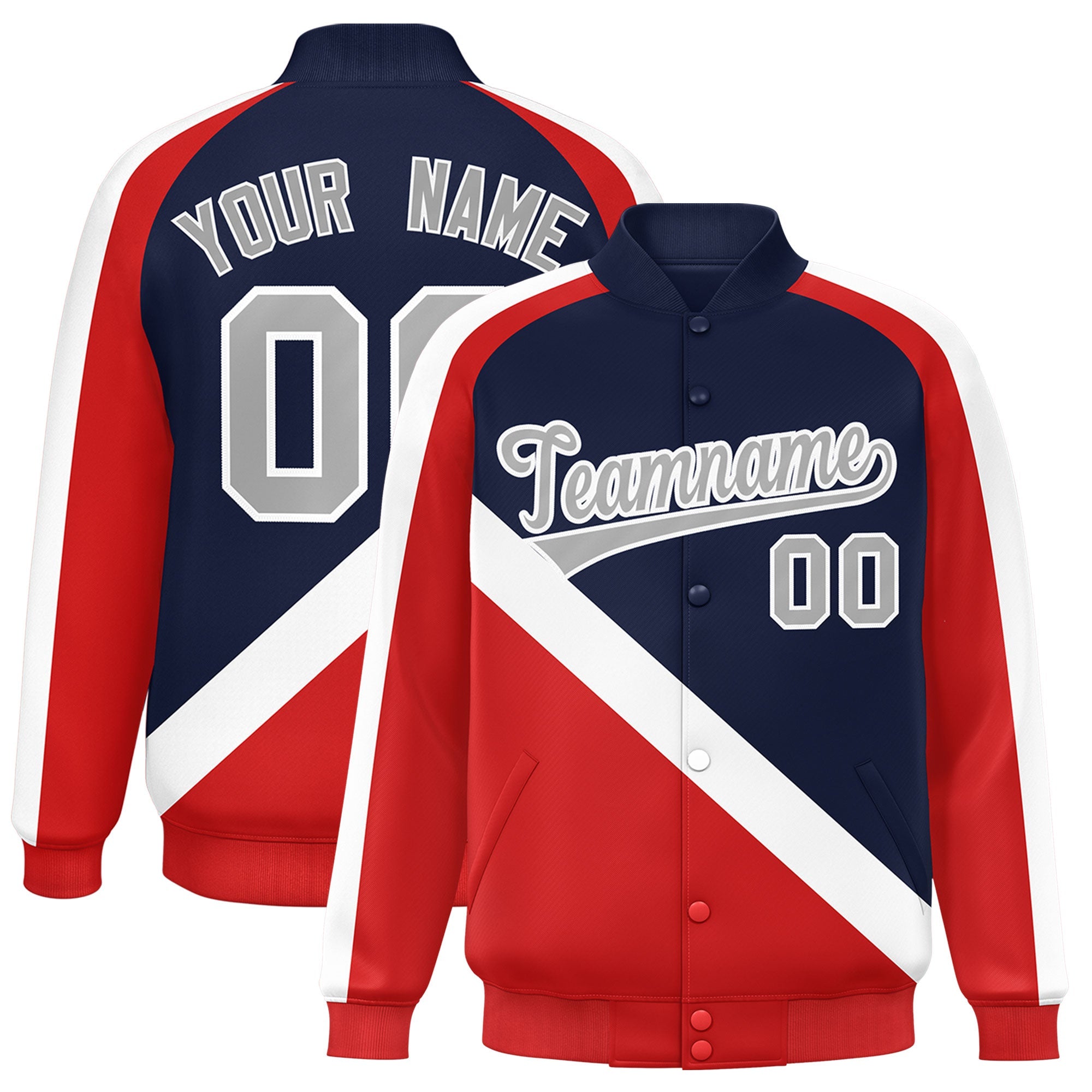 Custom Navy Red Raglan Sleeves Varsity Full-Snap Letterman Baseball Jacket