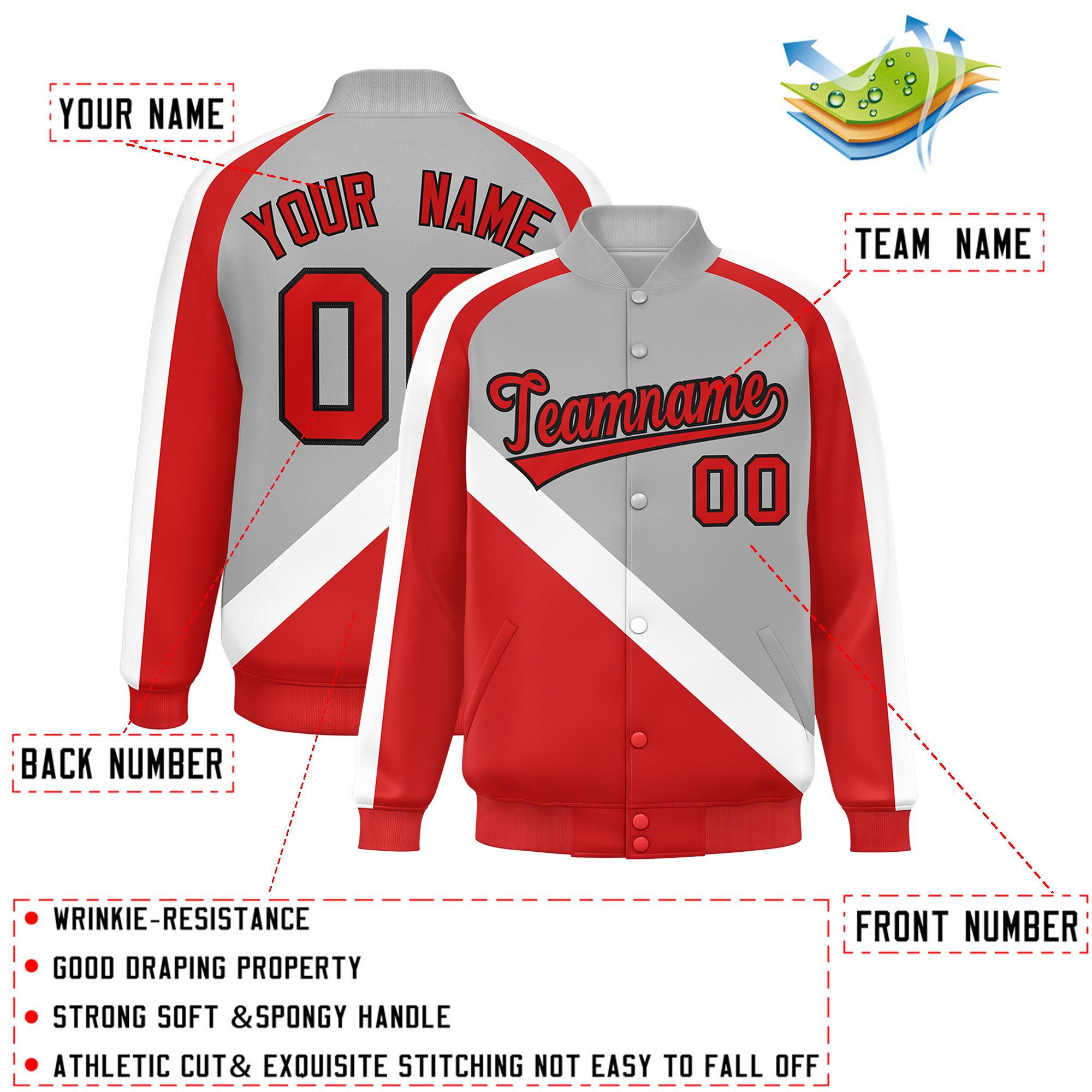 Custom Gray Red Raglan Sleeves Varsity Full-Snap Letterman Baseball Jacket