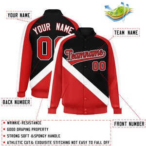 Custom Black Red Raglan Sleeves Varsity Full-Snap Letterman Baseball Jacket