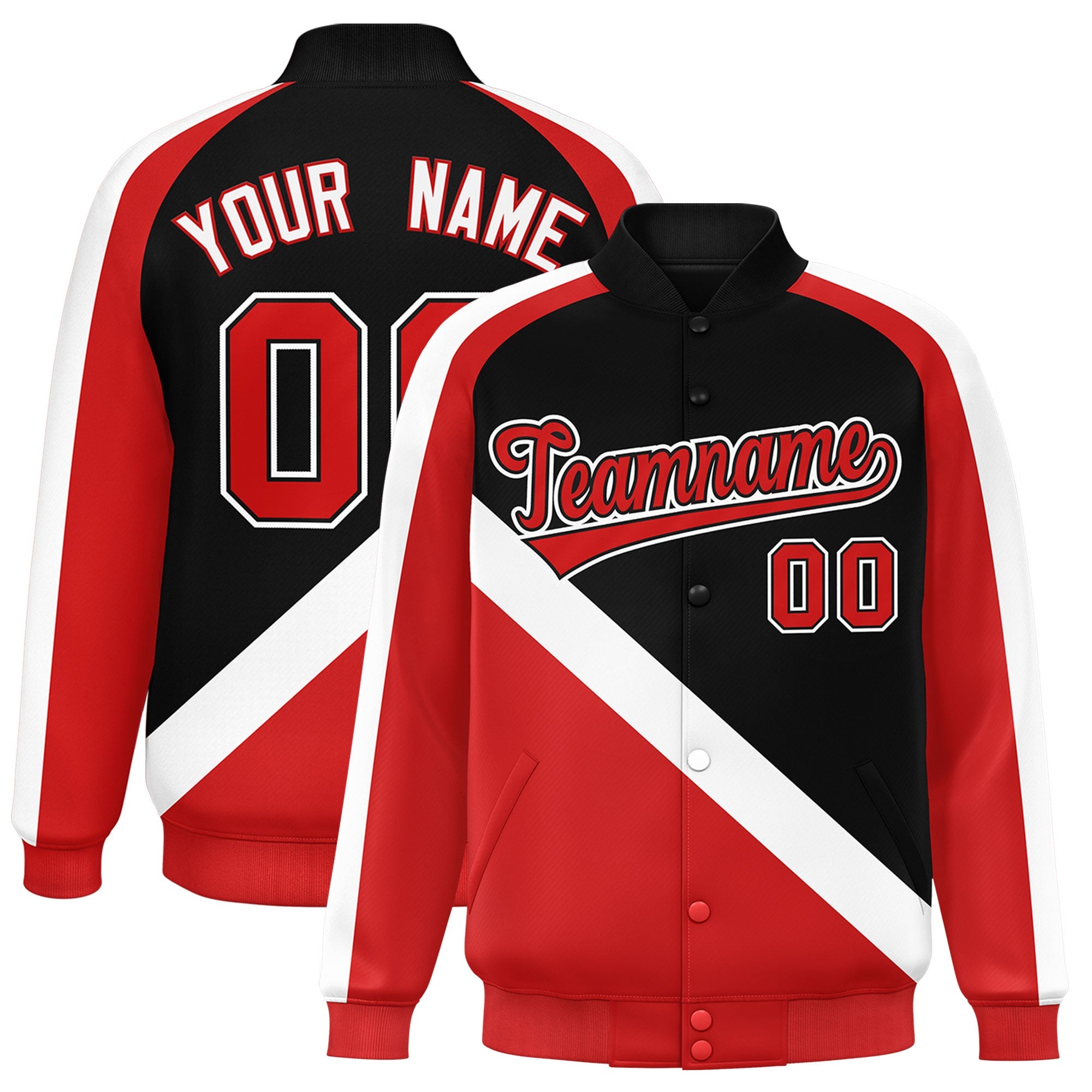 Custom Black Red Raglan Sleeves Varsity Full-Snap Letterman Baseball Jacket