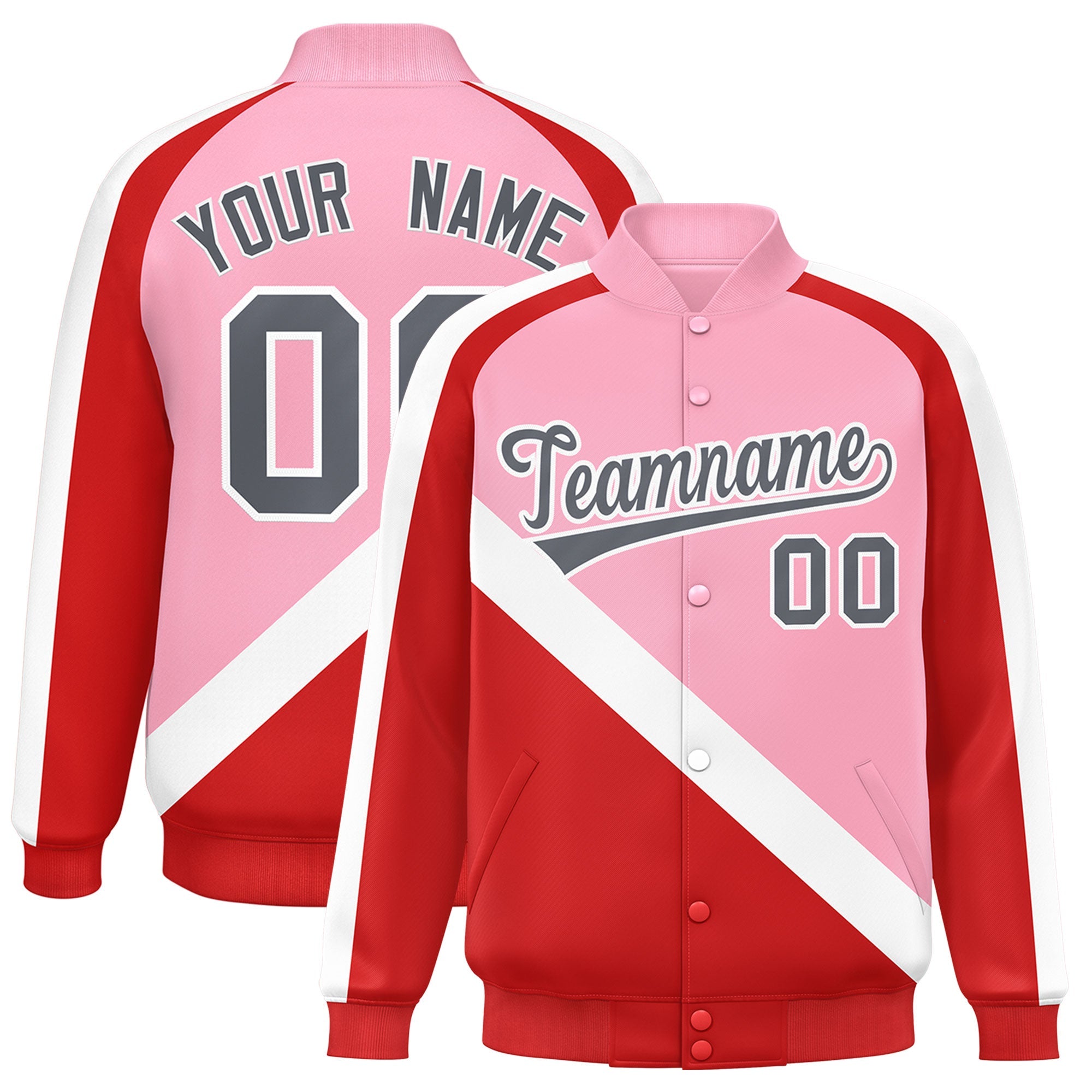 Custom Light Pink Red Raglan Sleeves Varsity Full-Snap Letterman Baseball Jacket