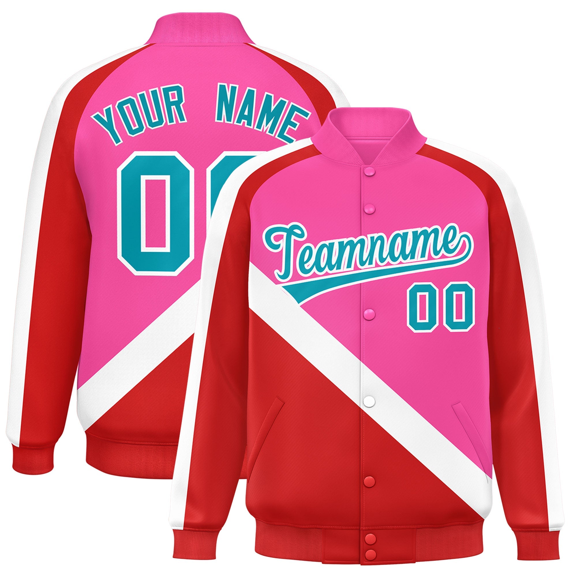 Custom Pink Red Raglan Sleeves Varsity Full-Snap Letterman Baseball Jacket