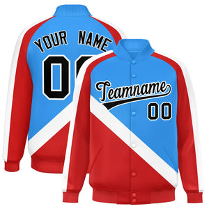 Custom Powder Blue Red Raglan Sleeves Varsity Full-Snap Letterman Baseball Jacket