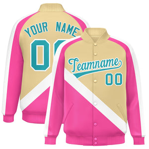 Custom Khaki Pink Raglan Sleeves Varsity Full-Snap Letterman Baseball Jacket