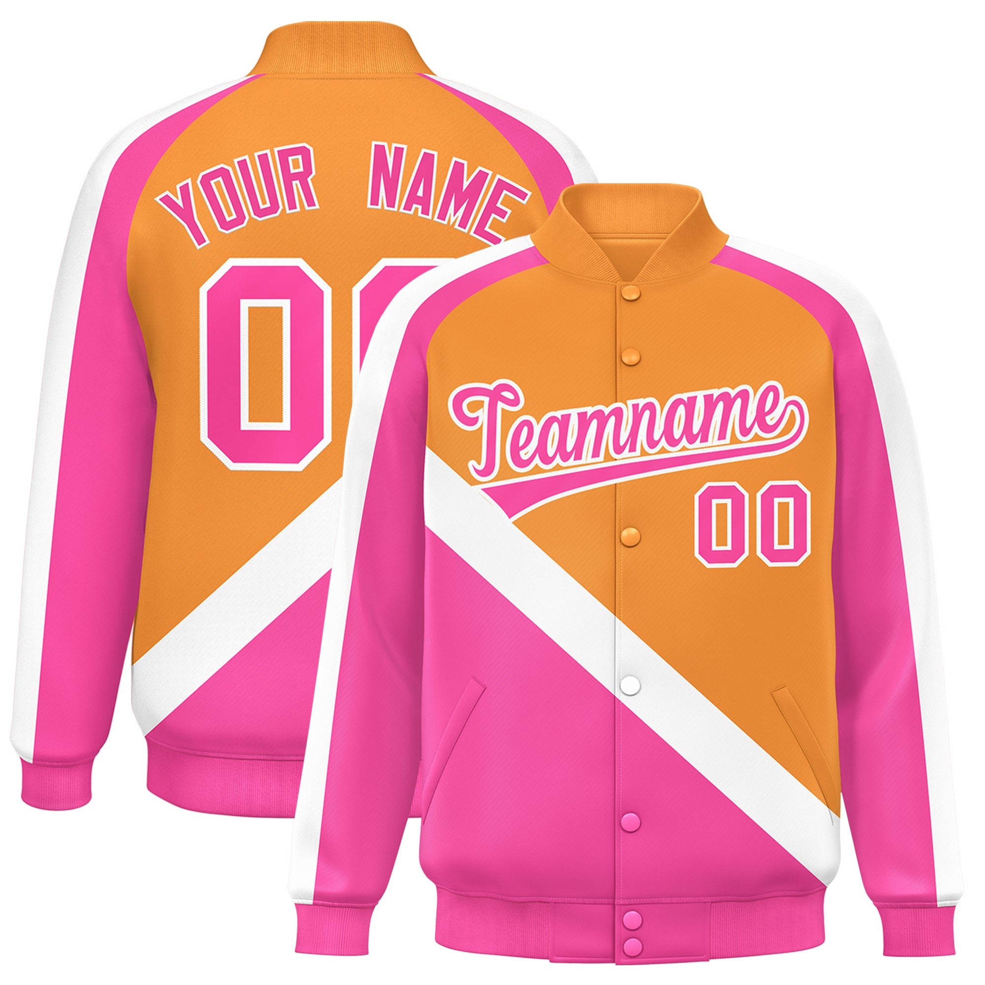 Custom Orange Pink Raglan Sleeves Varsity Full-Snap Letterman Baseball Jacket