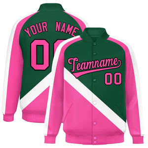 Custom Green Pink Raglan Sleeves Varsity Full-Snap Letterman Baseball Jacket