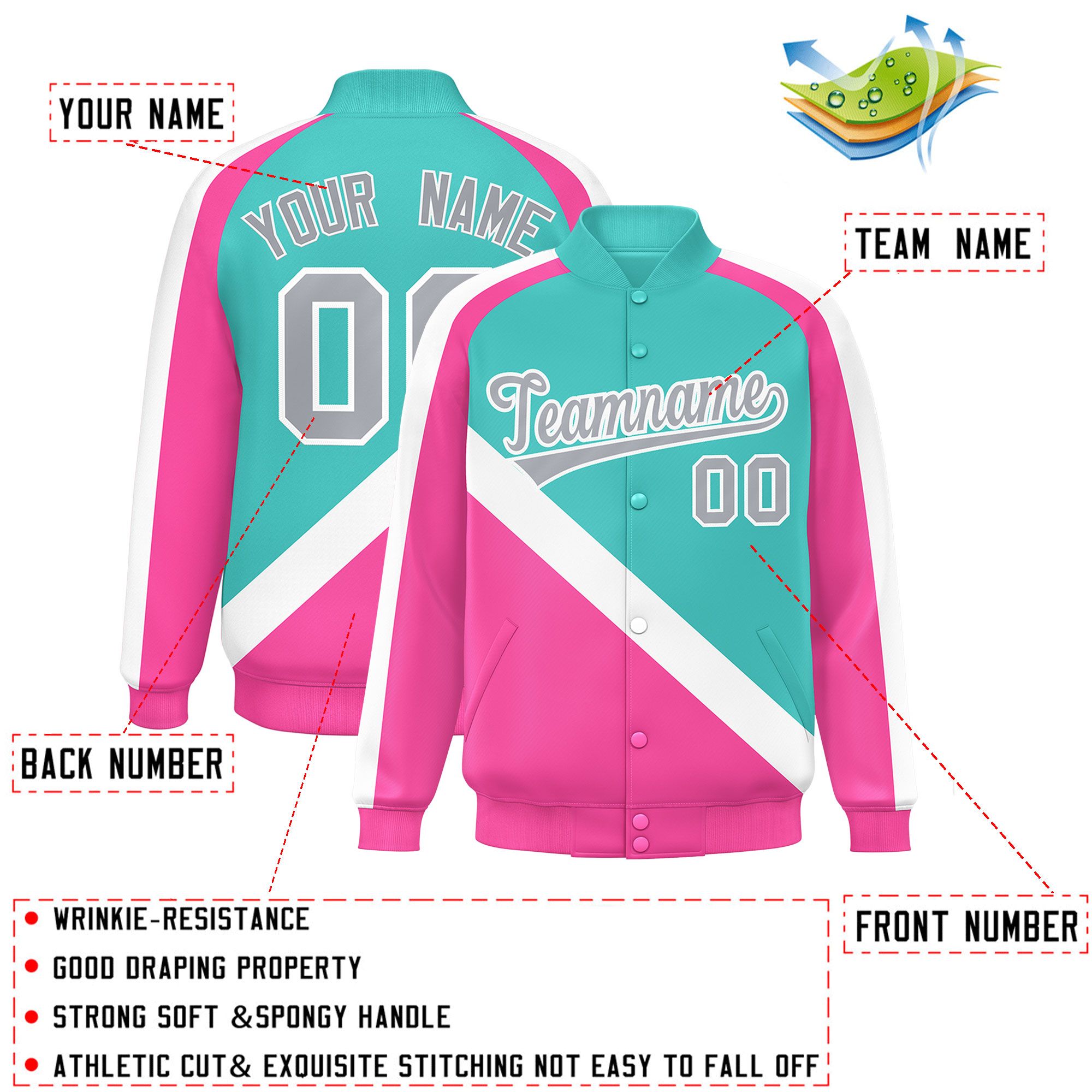 Custom Bright Green Pink Raglan Sleeves Varsity Full-Snap Letterman Baseball Jacket